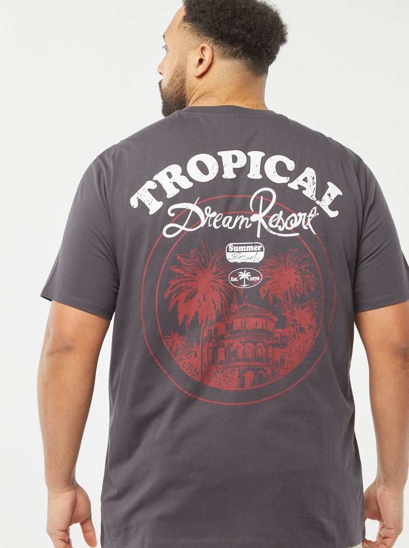 T-shirt de manga curta com bordado e grande estampado atrás PRETO - Kiabi