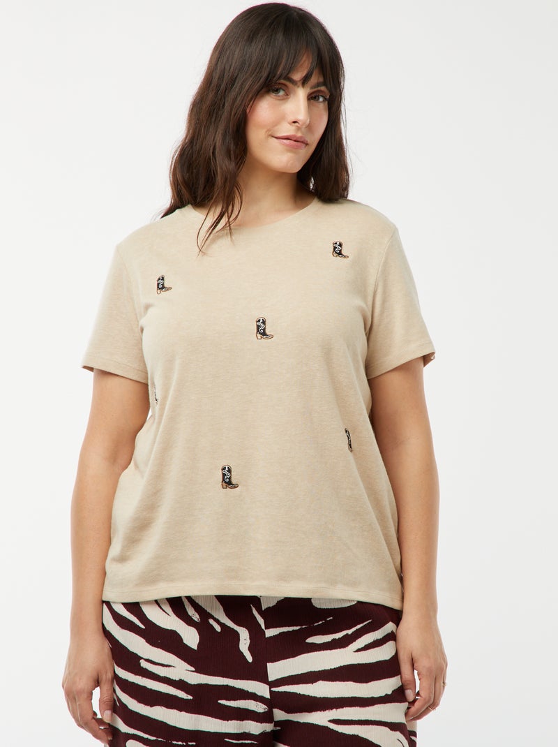T-shirt de manga curta com bordados 'santiags' BEGE - Kiabi