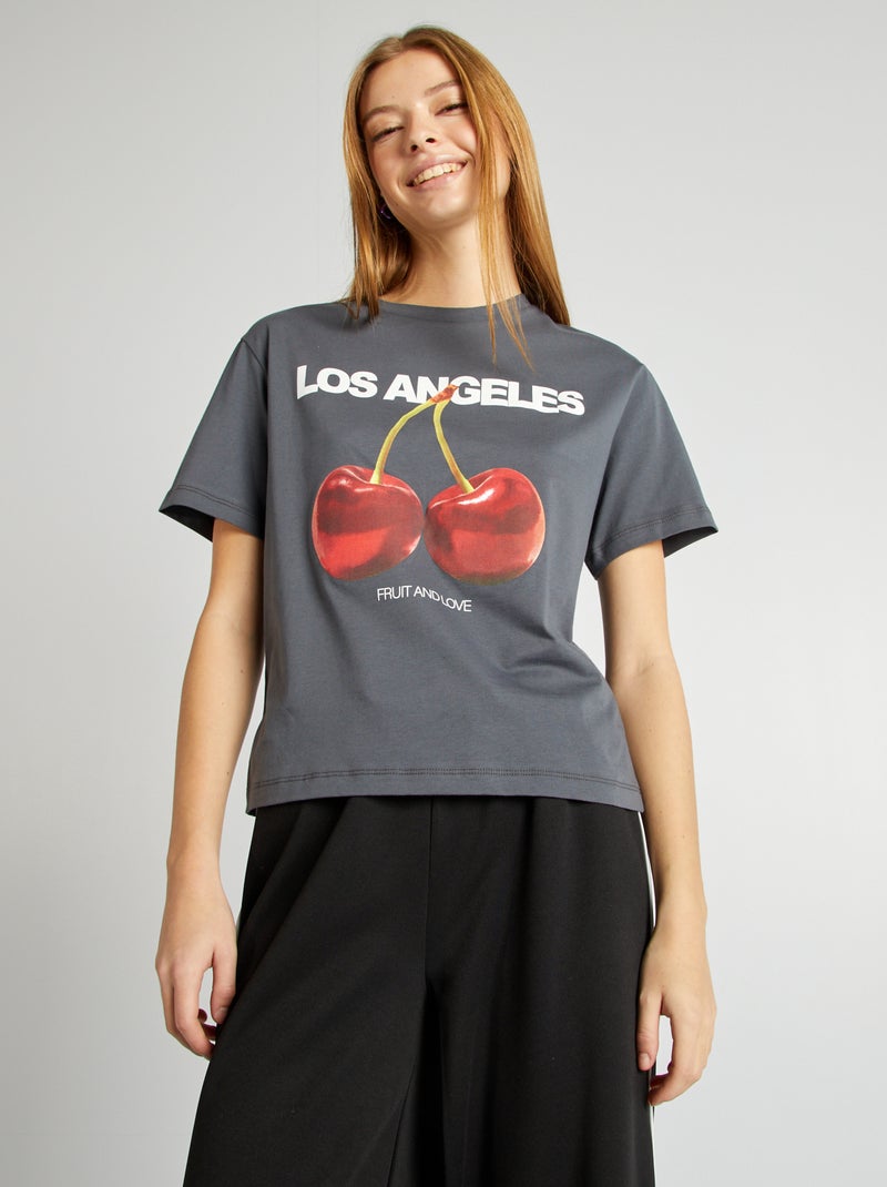 T-shirt de manga curta com estampado 'Cherry Bliss' CINZA - Kiabi