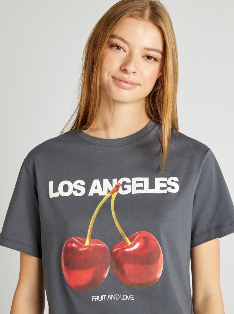 T-shirt de manga curta com estampado 'Cherry Bliss' CINZA - Kiabi