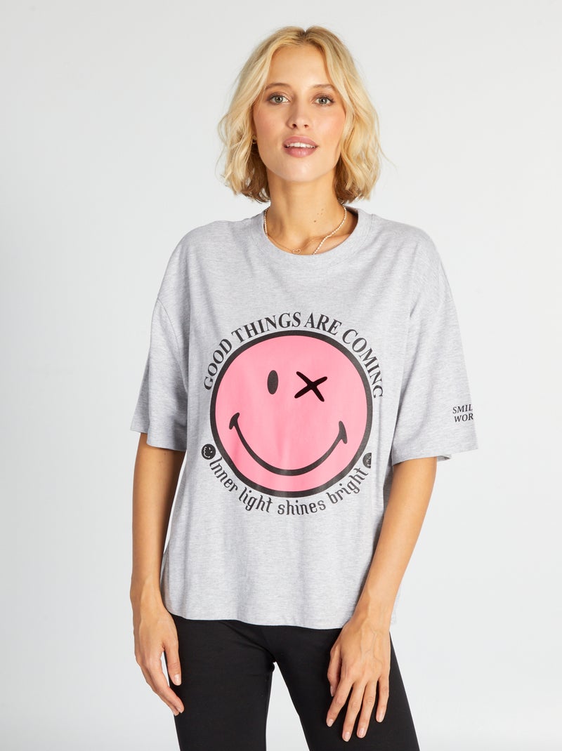 T-shirt de manga curta com estampado 'smile' CINZA - Kiabi