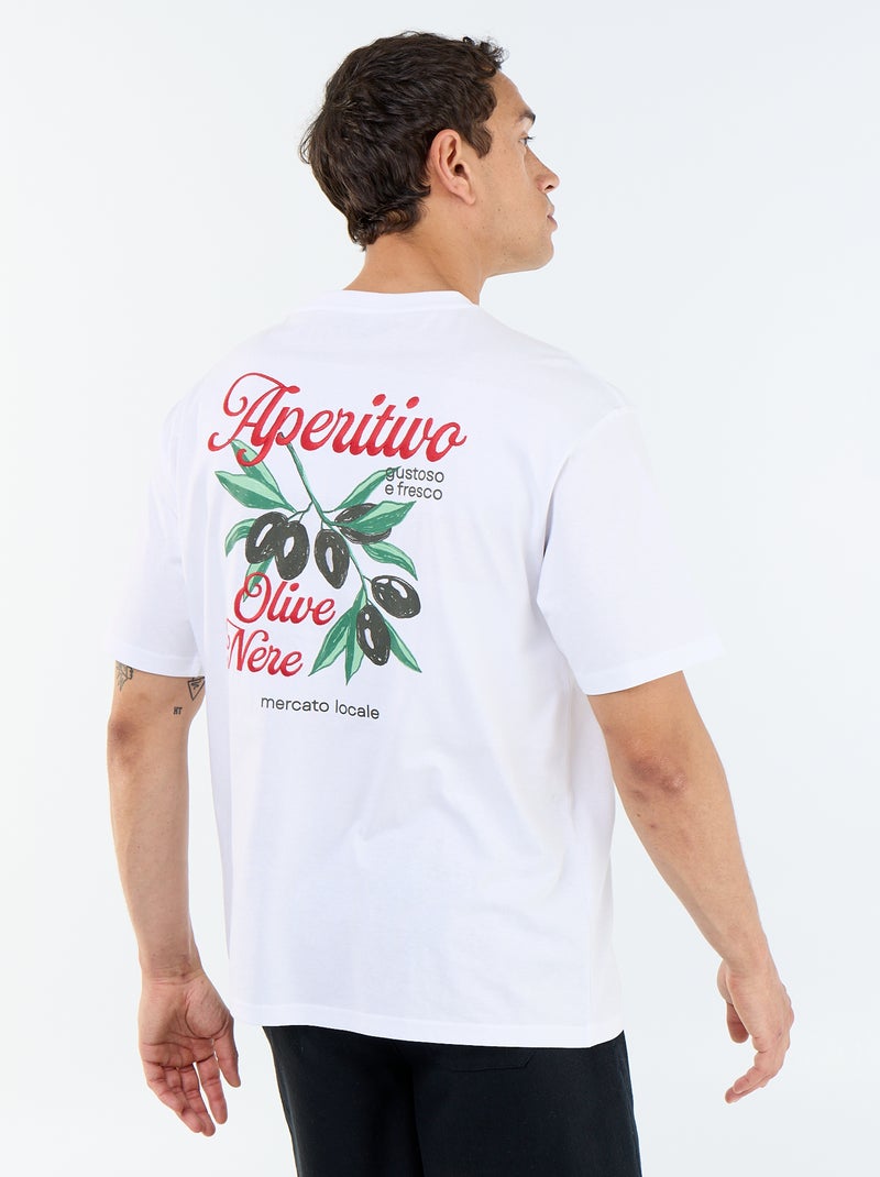 T-shirt de manga curta com estampados e bordados à frente e atrás Branco - Kiabi