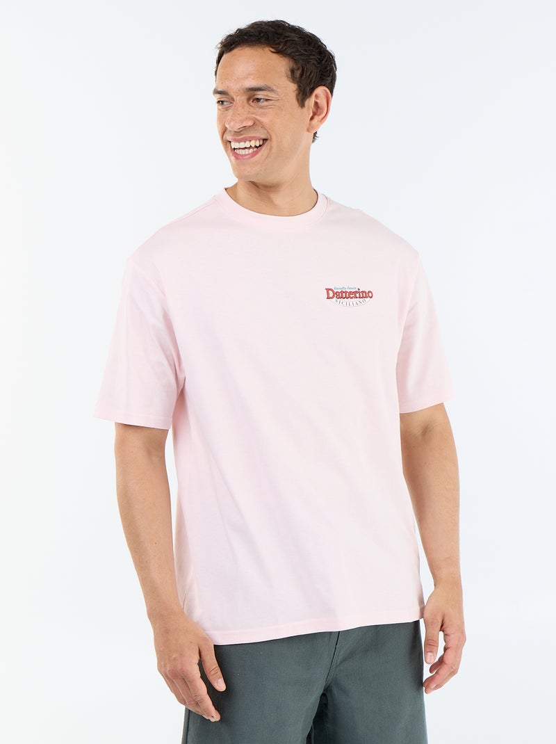 T-shirt de manga curta com estampados e bordados à frente e atrás Rosa - Kiabi