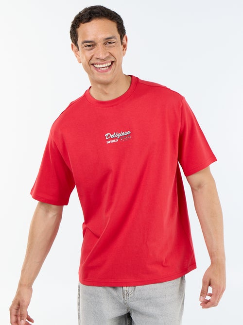 T-shirt de manga curta com estampados e bordados à frente e atrás - Kiabi