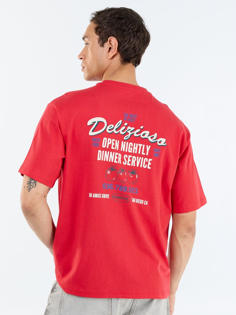 T-shirt de manga curta com estampados e bordados à frente e atrás Vermelho - Kiabi