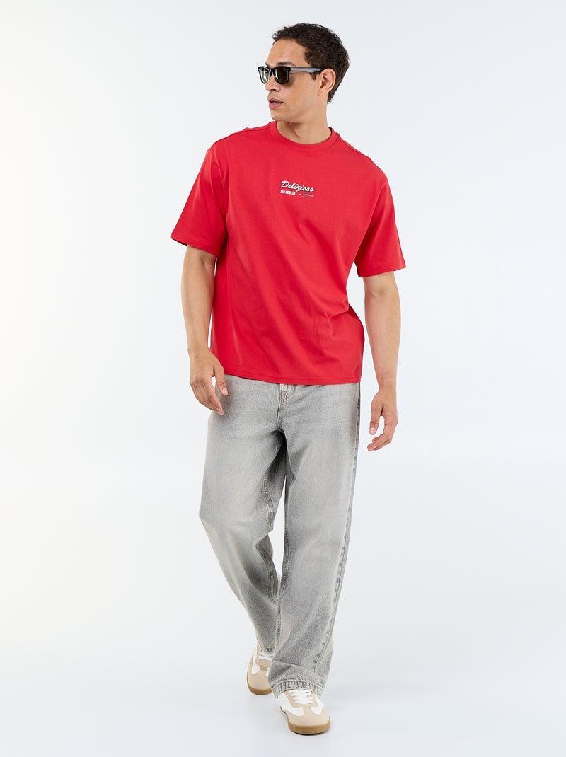 T-shirt de manga curta com estampados e bordados à frente e atrás Vermelho - Kiabi