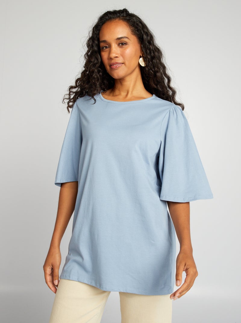T-shirt de manga curta com folhos AZUL - Kiabi