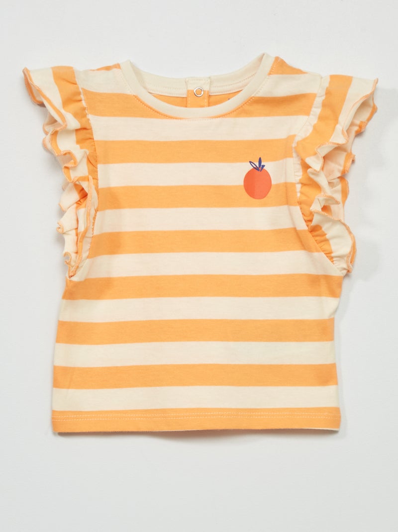 T-shirt de manga curta com folhos BRANCO - Kiabi