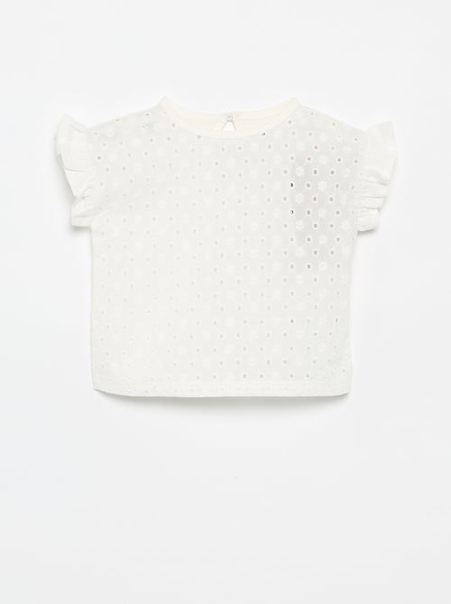 T-shirt de manga curta com folhos e bordado inglês - Kiabi