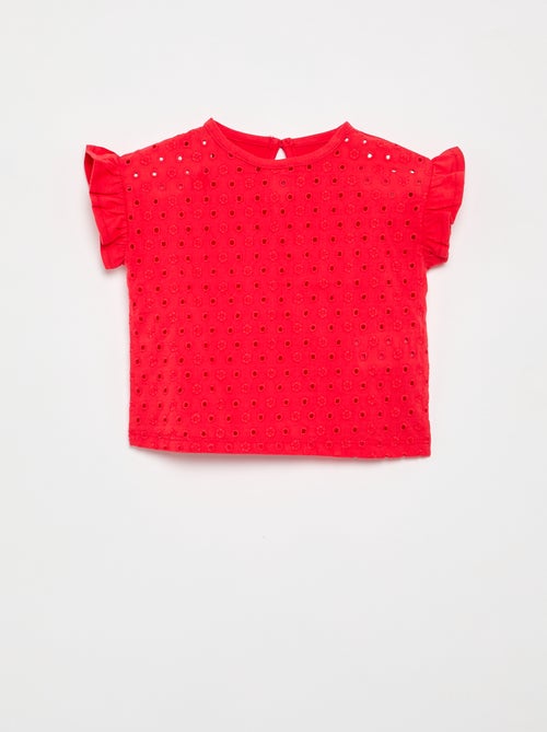 T-shirt de manga curta com folhos e bordado inglês - Kiabi