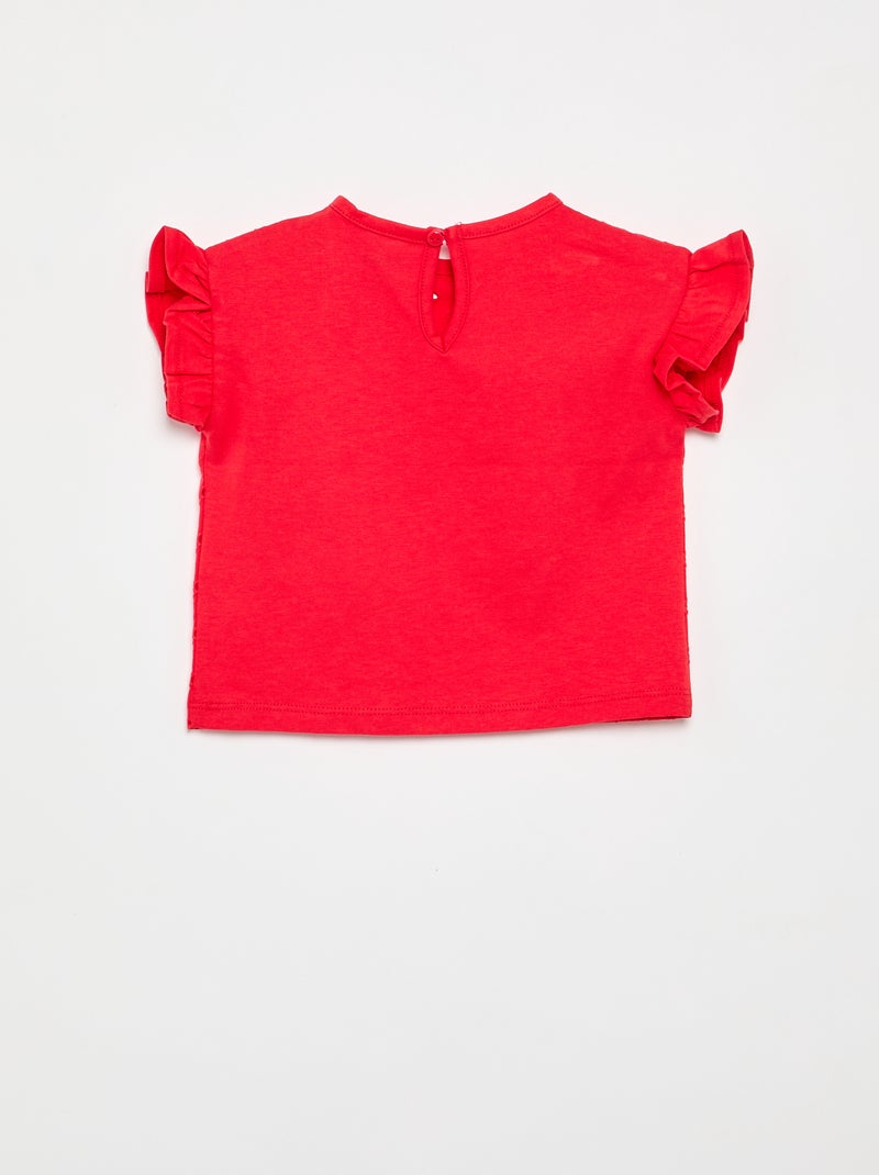T-shirt de manga curta com folhos e bordado inglês Vermelho - Kiabi