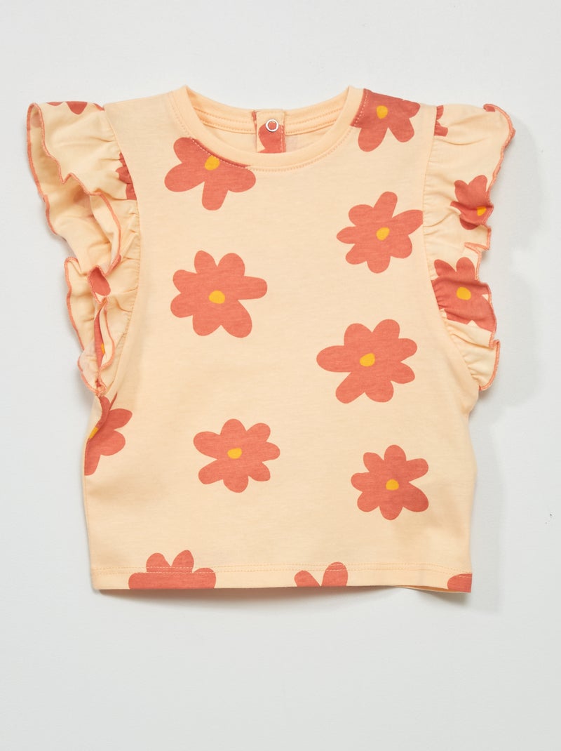 T-shirt de manga curta com folhos LARANJA - Kiabi