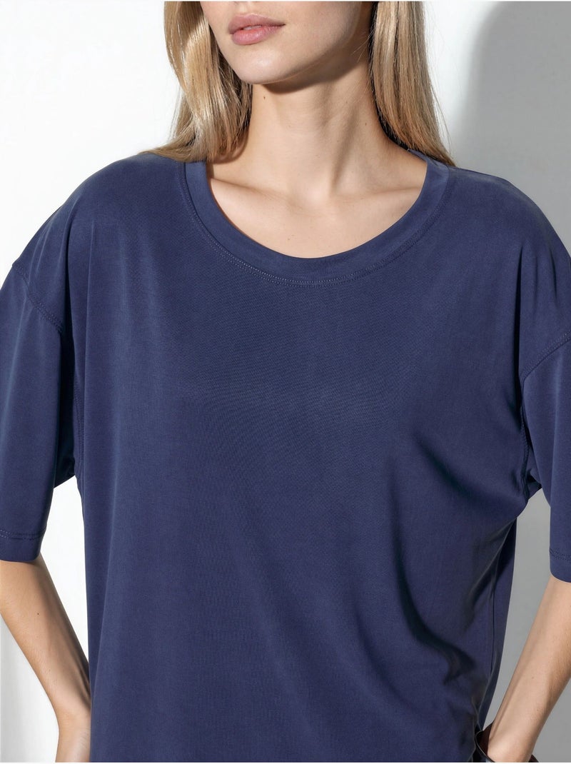 T-shirt de manga curta com gola redonda e detalhe de fenda busem Azul-marinho - Kiabi