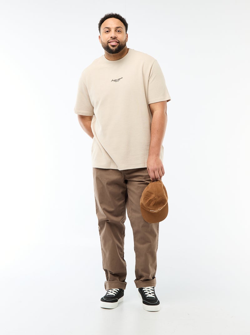 T-shirt de manga curta com gola redonda em jacquard de algodão Bege - Kiabi