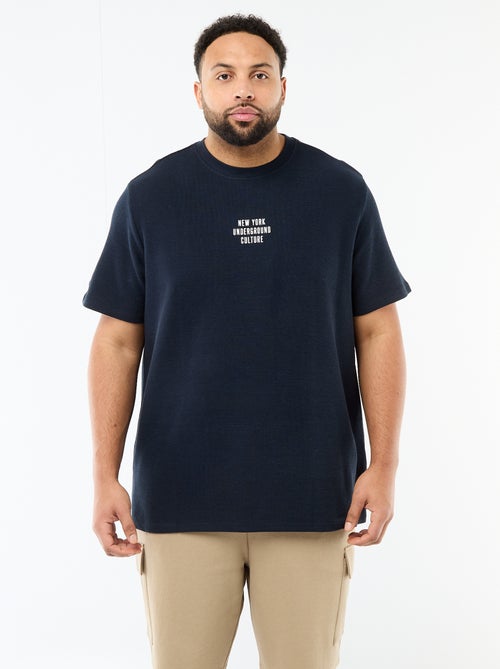 T-shirt de manga curta com gola redonda em jacquard de algodão - Kiabi