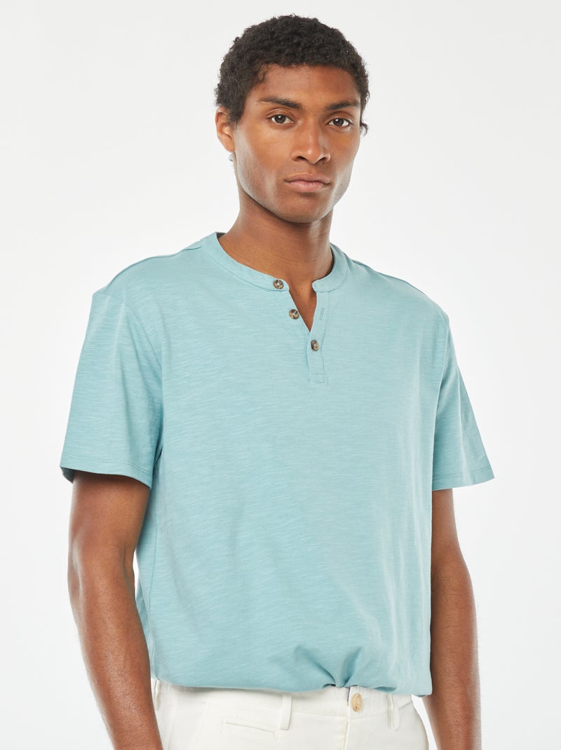 T-shirt de manga curta com gola tunisina Azul - Kiabi