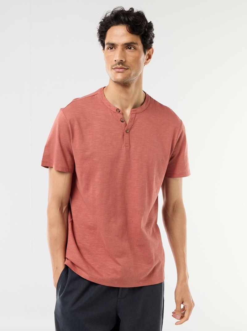 T-shirt de manga curta com gola tunisina Rosa - Kiabi