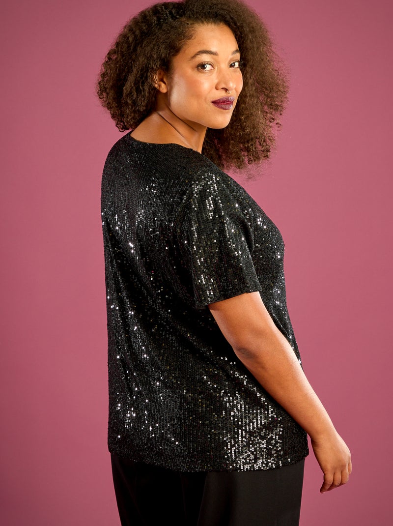 T-shirt de manga curta com lantejoulas Preto - Kiabi