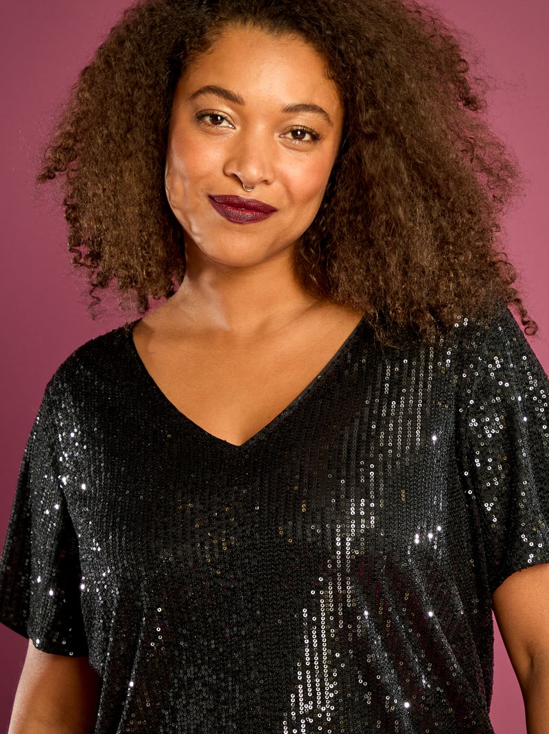 T-shirt de manga curta com lantejoulas Preto - Kiabi