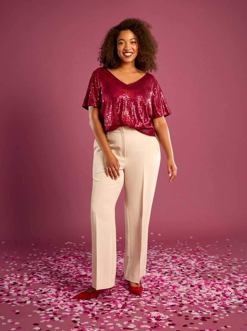 T-shirt de manga curta com lantejoulas Vermelho - Kiabi