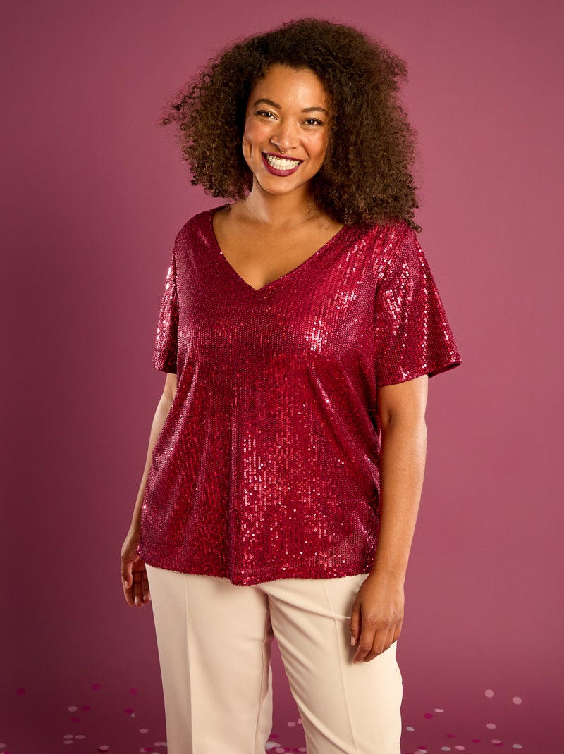 T-shirt de manga curta com lantejoulas Vermelho - Kiabi