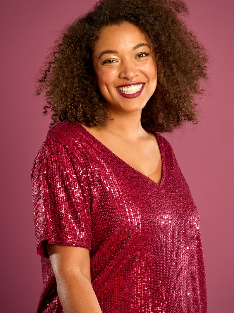 T-shirt de manga curta com lantejoulas Vermelho - Kiabi