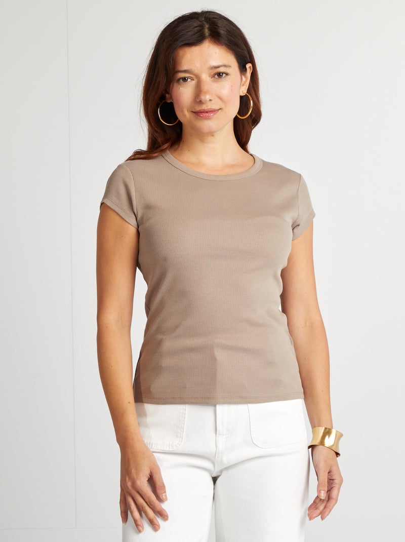 T-shirt de manga curta de malha canelada BEGE - Kiabi