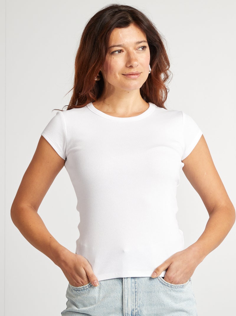 T-shirt de manga curta de malha canelada Branco - Kiabi