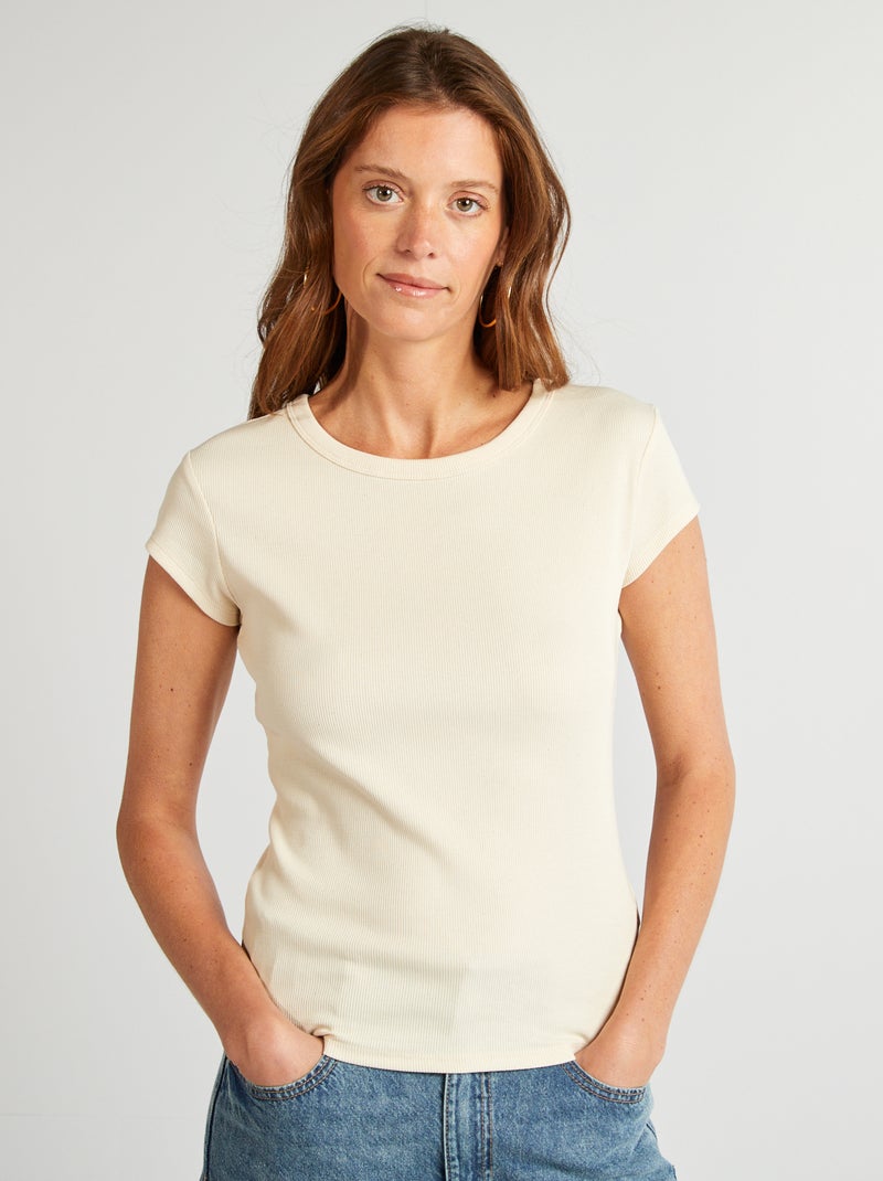 T-shirt de manga curta de malha canelada BRANCO - Kiabi