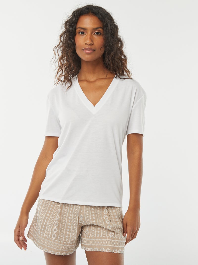 T-shirt de manga curta, decote em bico Branco - Kiabi