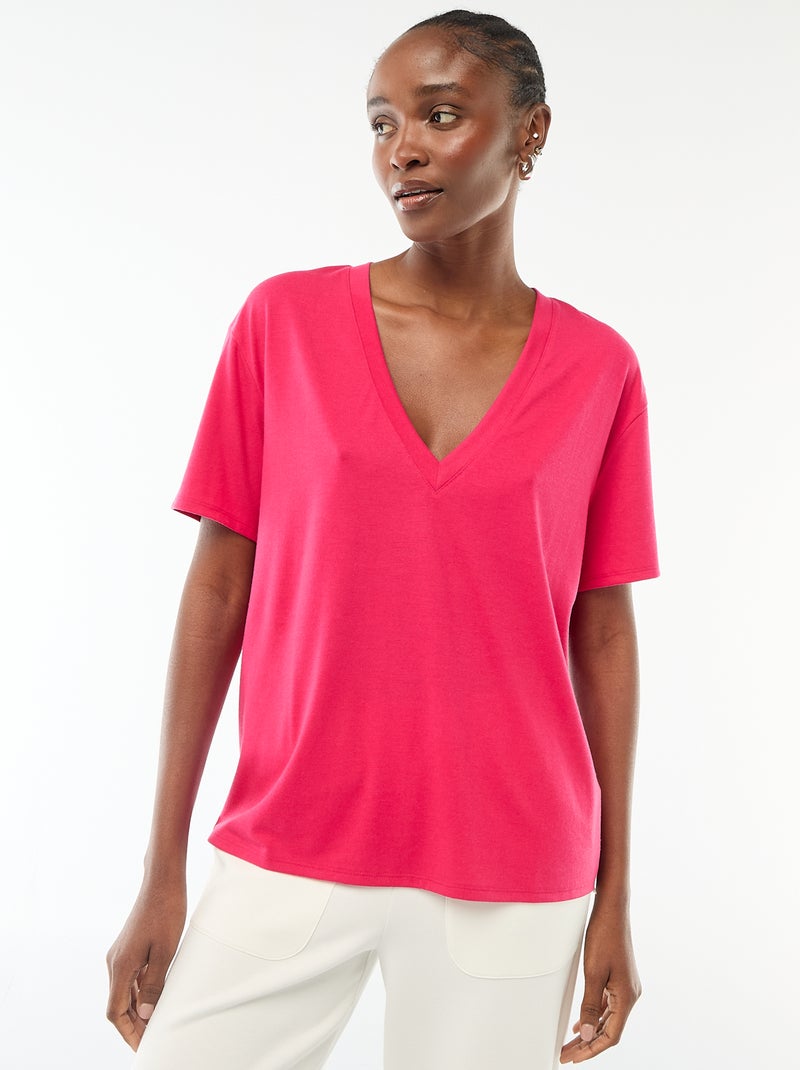 T-shirt de manga curta, decote em bico Rosa - Kiabi