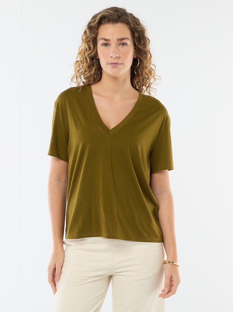 T-shirt de manga curta, decote em bico Verde - Kiabi