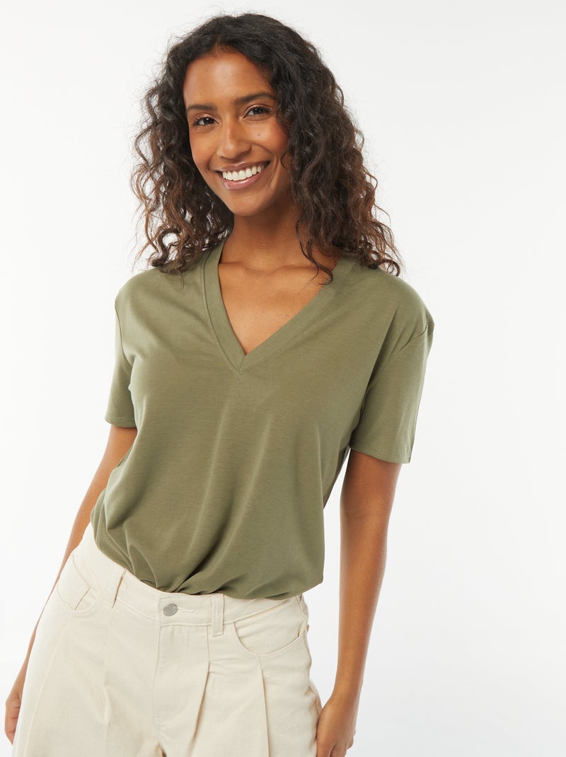 T-shirt de manga curta, decote em bico Verde - Kiabi
