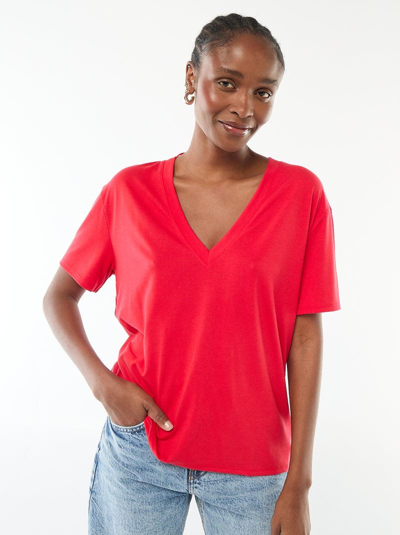 T-shirt de manga curta, decote em bico Vermelho - Kiabi