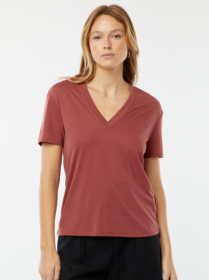 T-shirt de manga curta, decote em bico Vermelho - Kiabi