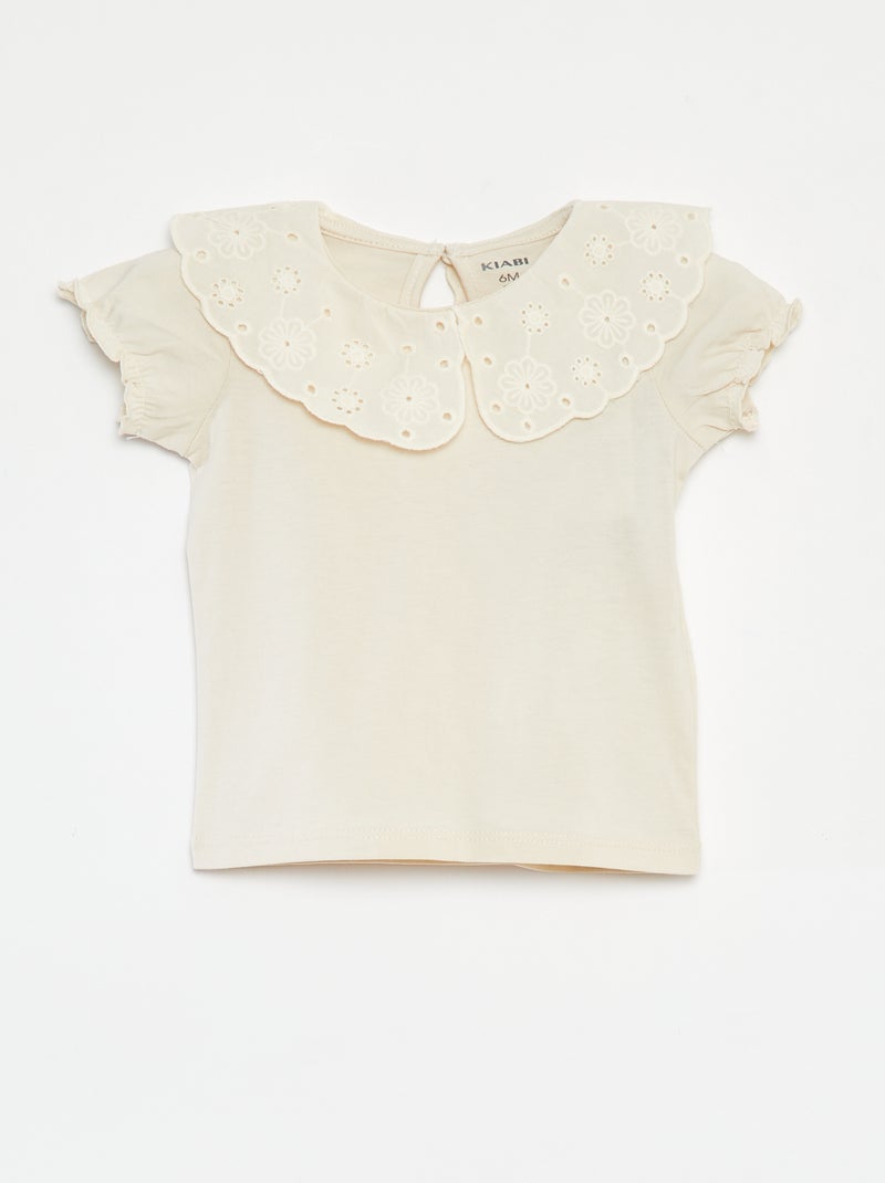 T-shirt de manga curta e gola de fantasia BRANCO - Kiabi