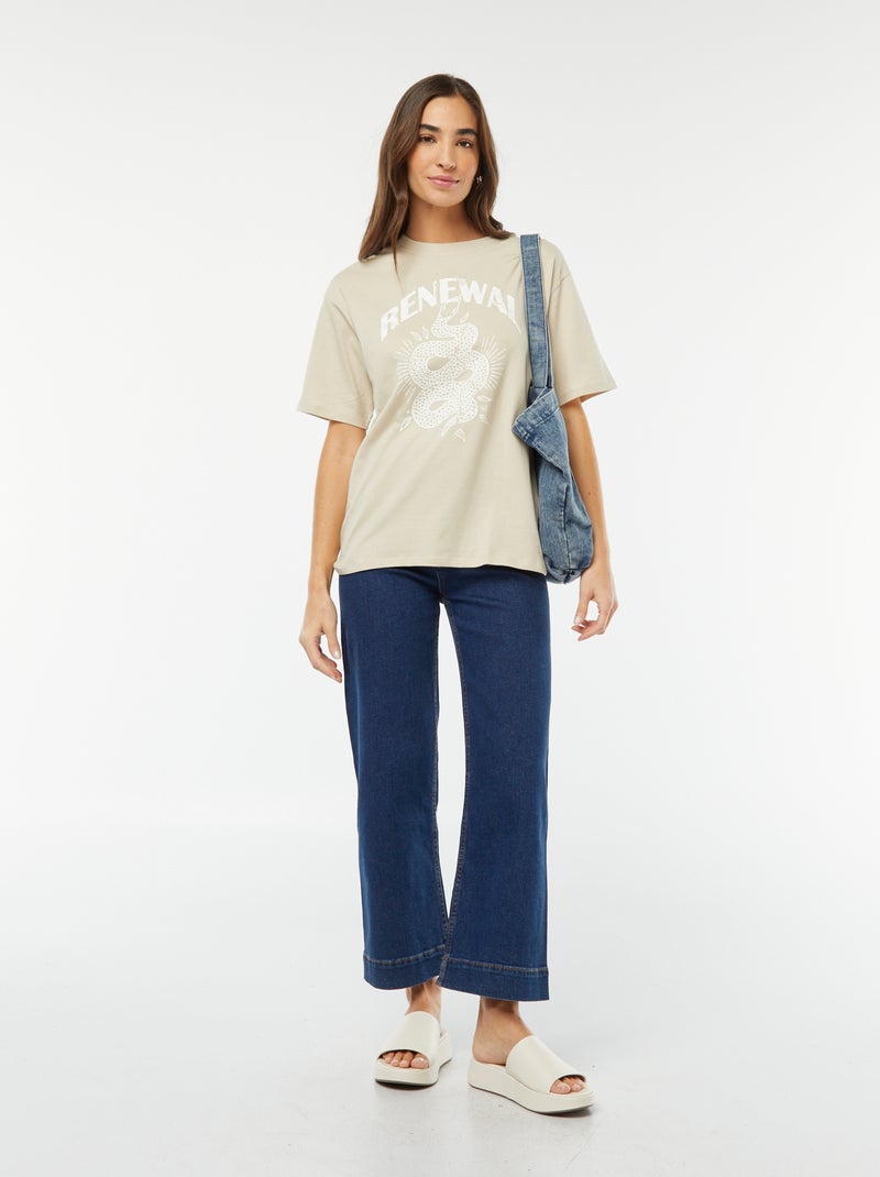 T-shirt de manga curta em jersey com estampado BEGE - Kiabi