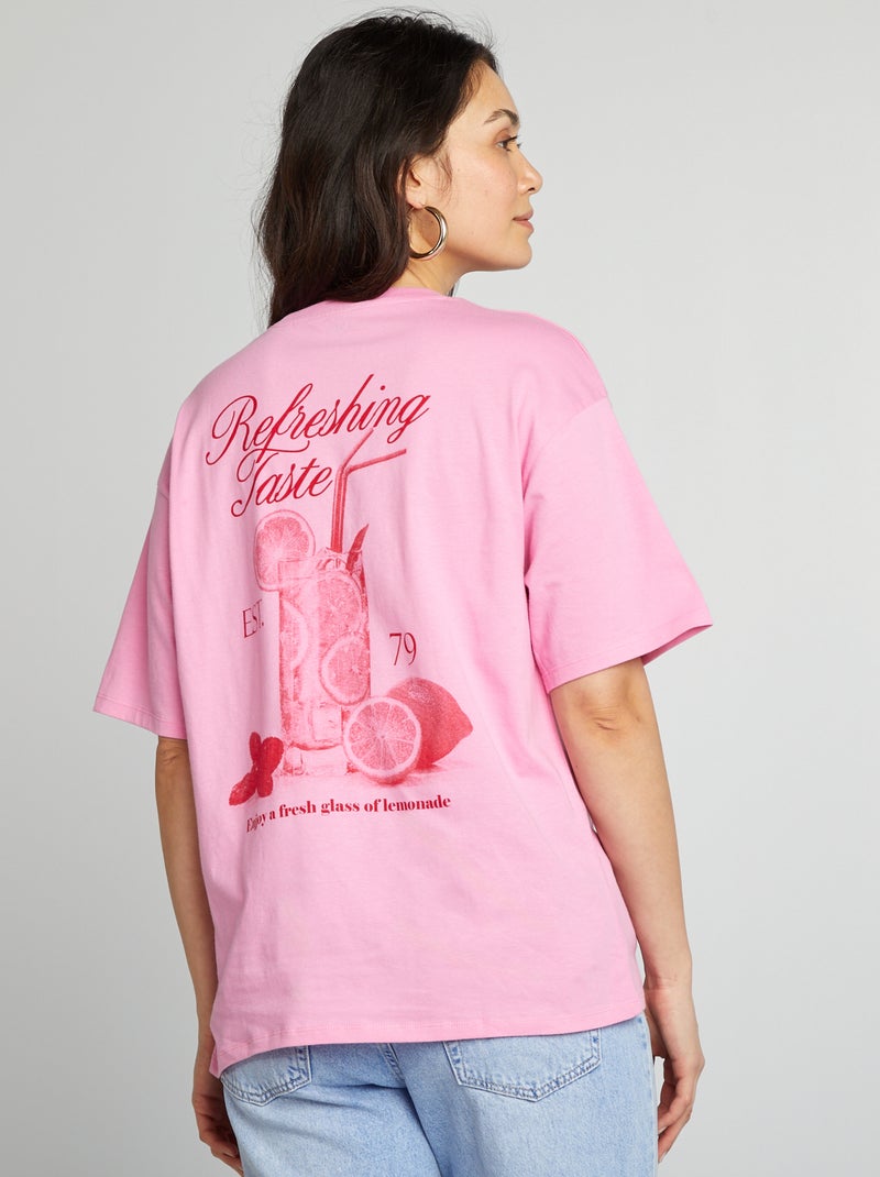 T-shirt de manga curta em jersey com estampado ROSA - Kiabi