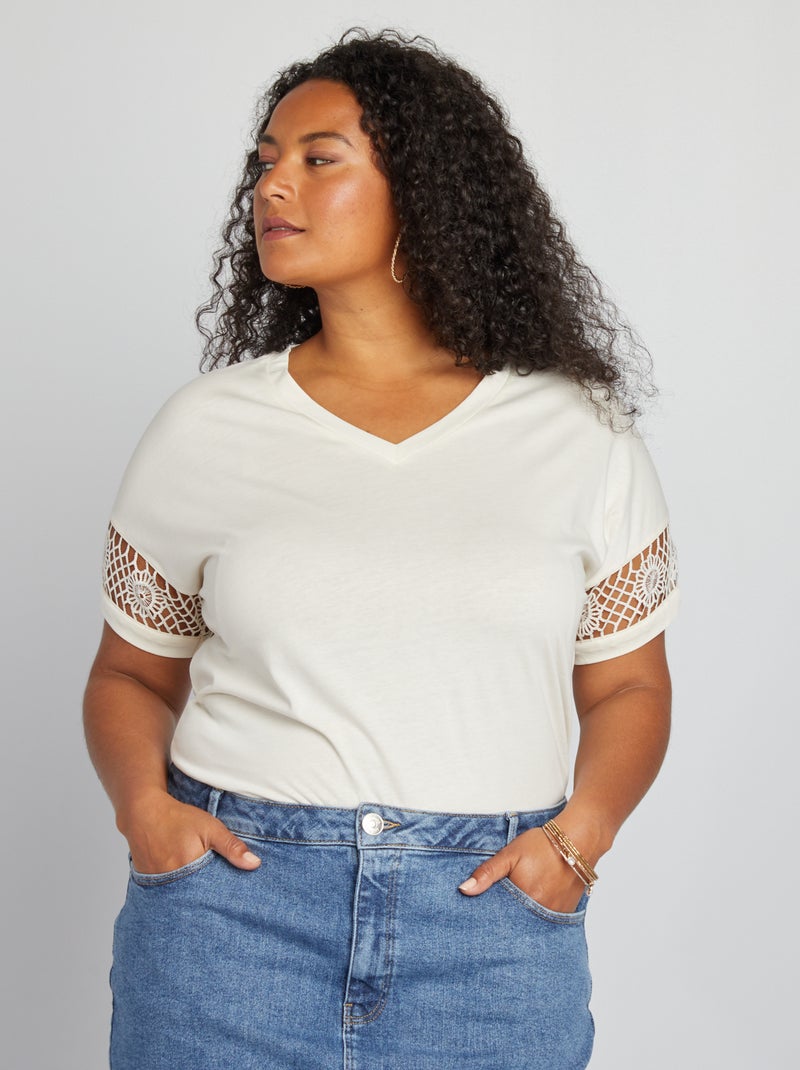 T-shirt de manga curta em macramé BRANCO - Kiabi