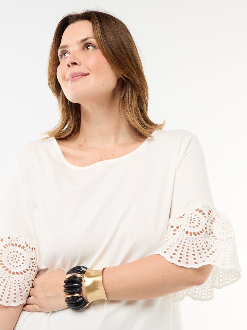 T-shirt de manga curta em macramé Branco - Kiabi