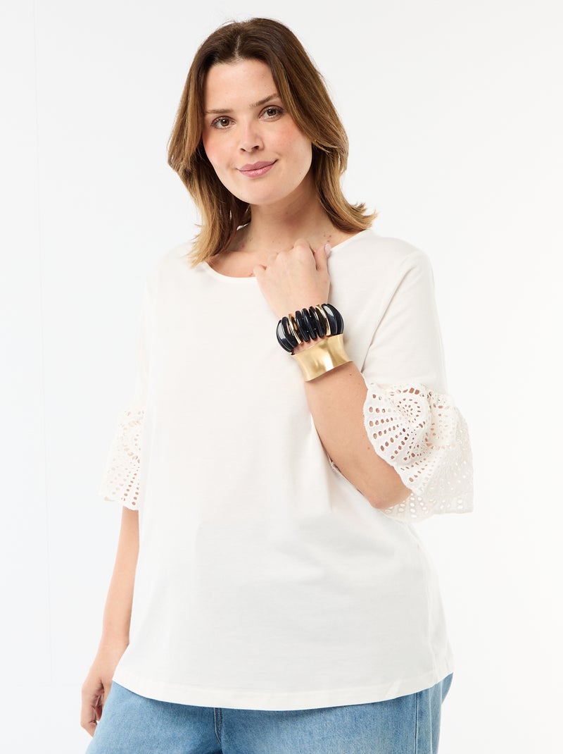 T-shirt de manga curta em macramé Branco - Kiabi