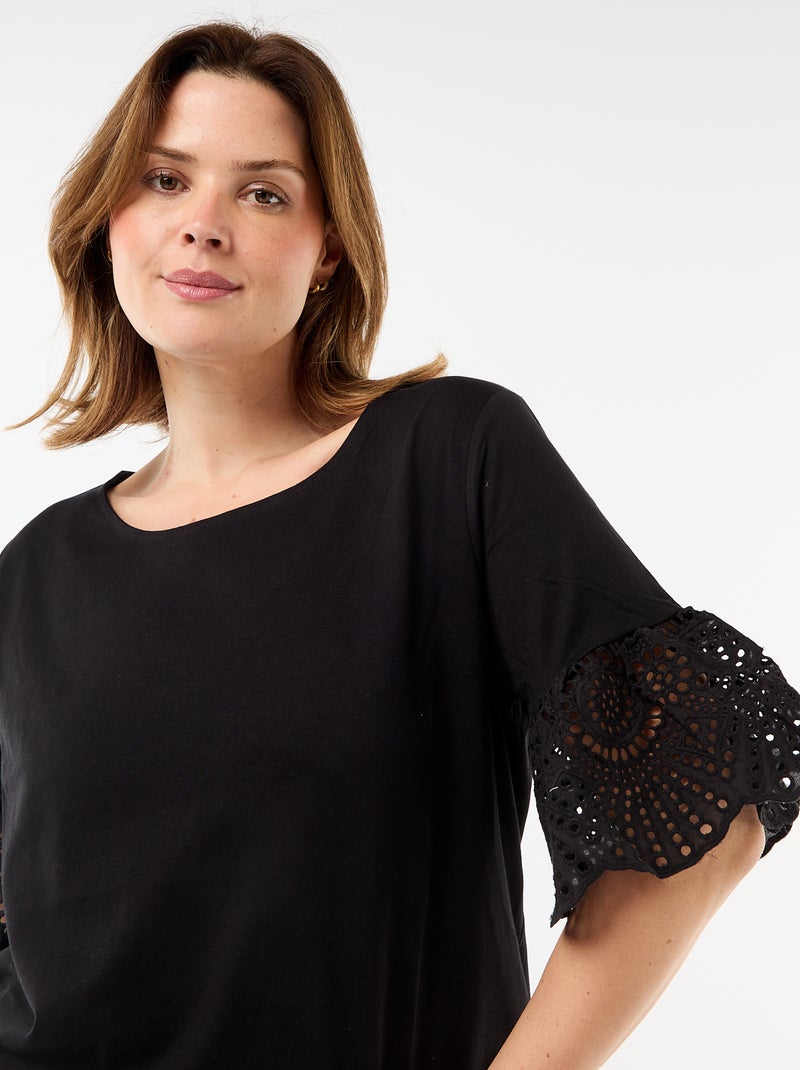 T-shirt de manga curta em macramé Preto - Kiabi