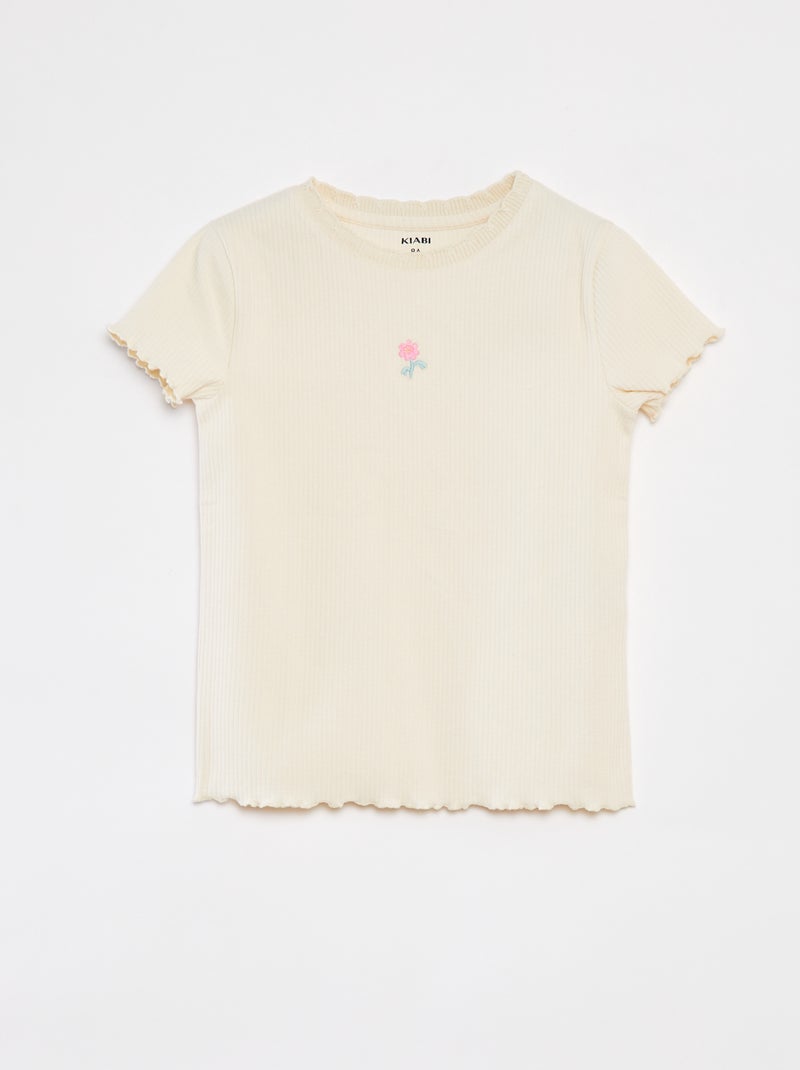 T-shirt de manga curta nervurada com bordos ondulados BRANCO - Kiabi