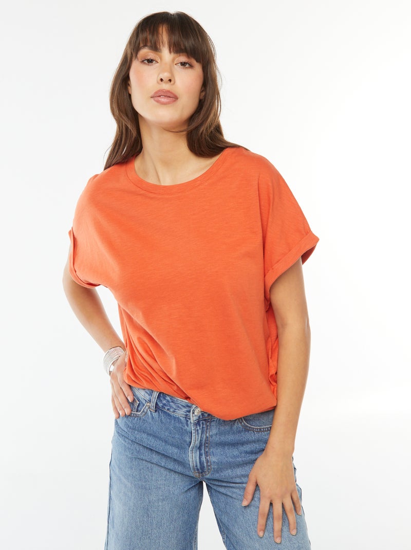 T-shirt de manga curta revirada Laranja - Kiabi