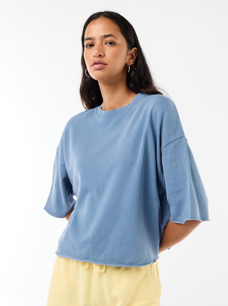 T-shirt de mangas 3/4 em French Terry Azul - Kiabi