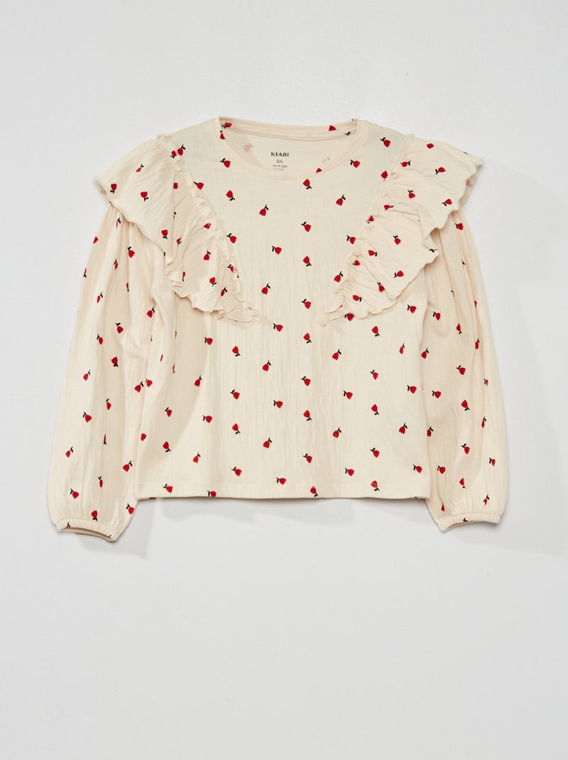 T-shirt de mangas comprida com folhos BEGE - Kiabi