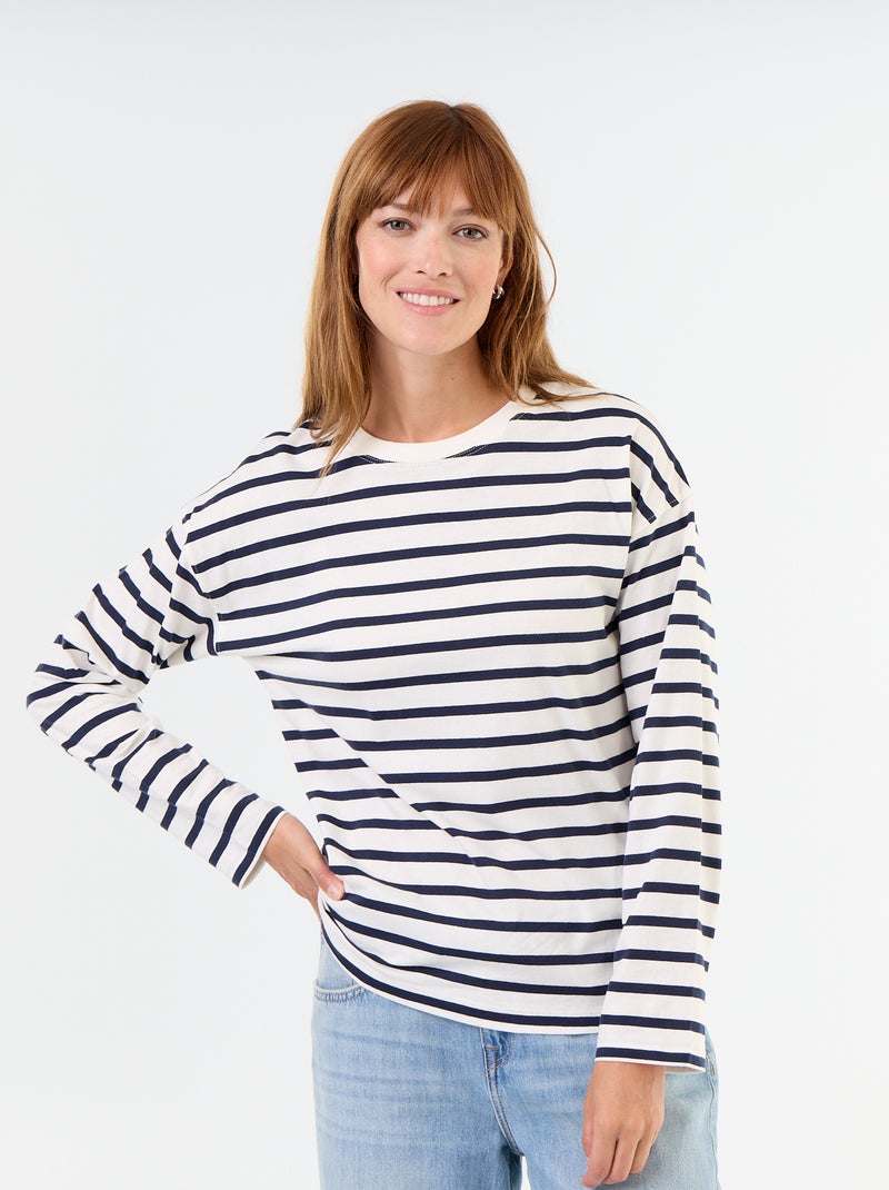 T-shirt de mangas compridas às riscas Branco - Kiabi