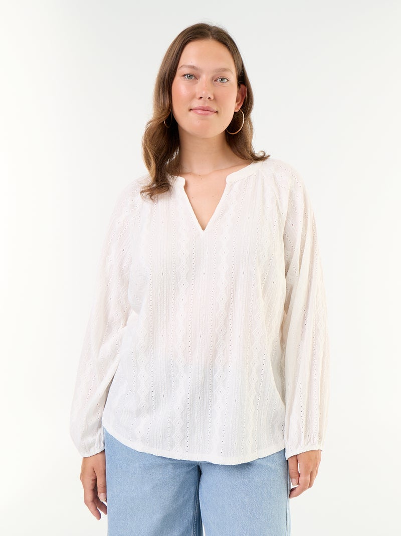 T-shirt de mangas compridas com detalhes vazados Branco - Kiabi