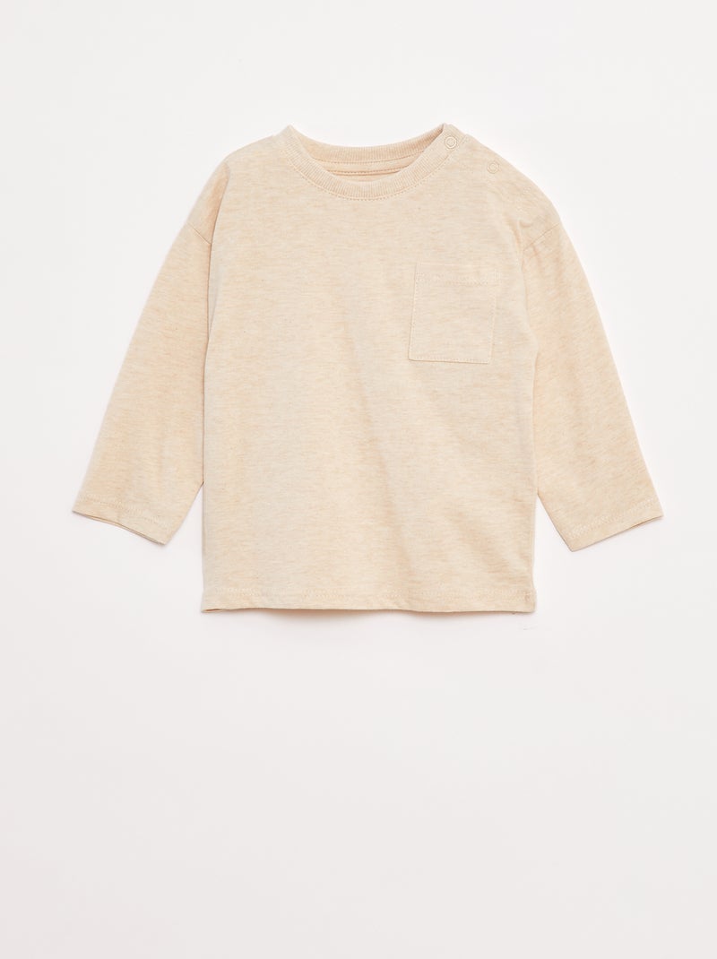 T-shirt de mangas compridas e bolso no peito Bege - Kiabi