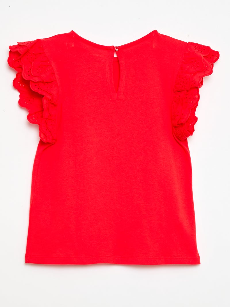 T-shirt de mangas curtas com bordado inglês Vermelho - Kiabi